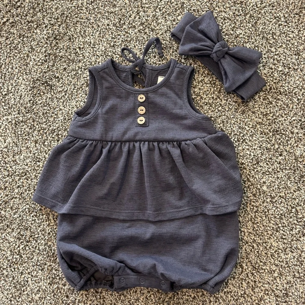 Mabel & Homey Navy Romper Outfit w/ Headband Set 6 months Baby Girl Spring